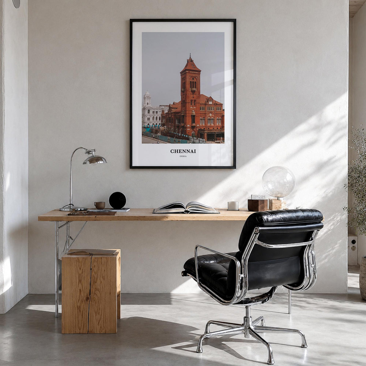 Chennai colorful classic poster of India – vertical wall art in black wood frame, hanging on wall