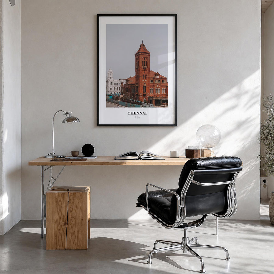 Chennai colorful classic poster of India – vertical wall art in black wood frame, hanging on wall
