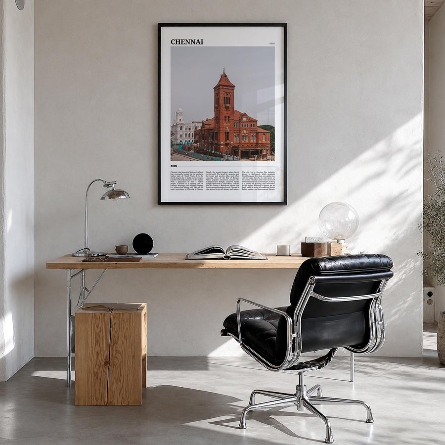 Chennai colorful travel poster of India – vertical wall art in black wood frame, hanging on wall