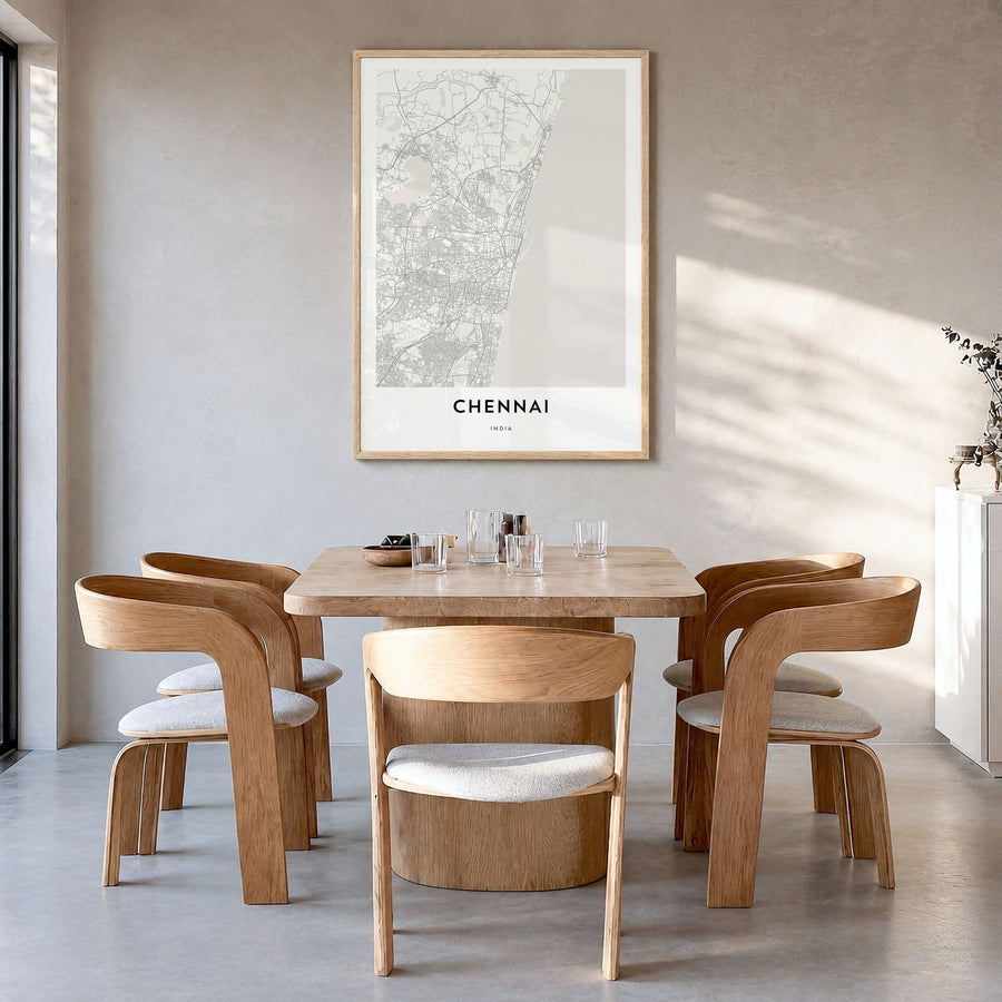 Chennai Map Poster in a natural wood frame, hanging in a dining room