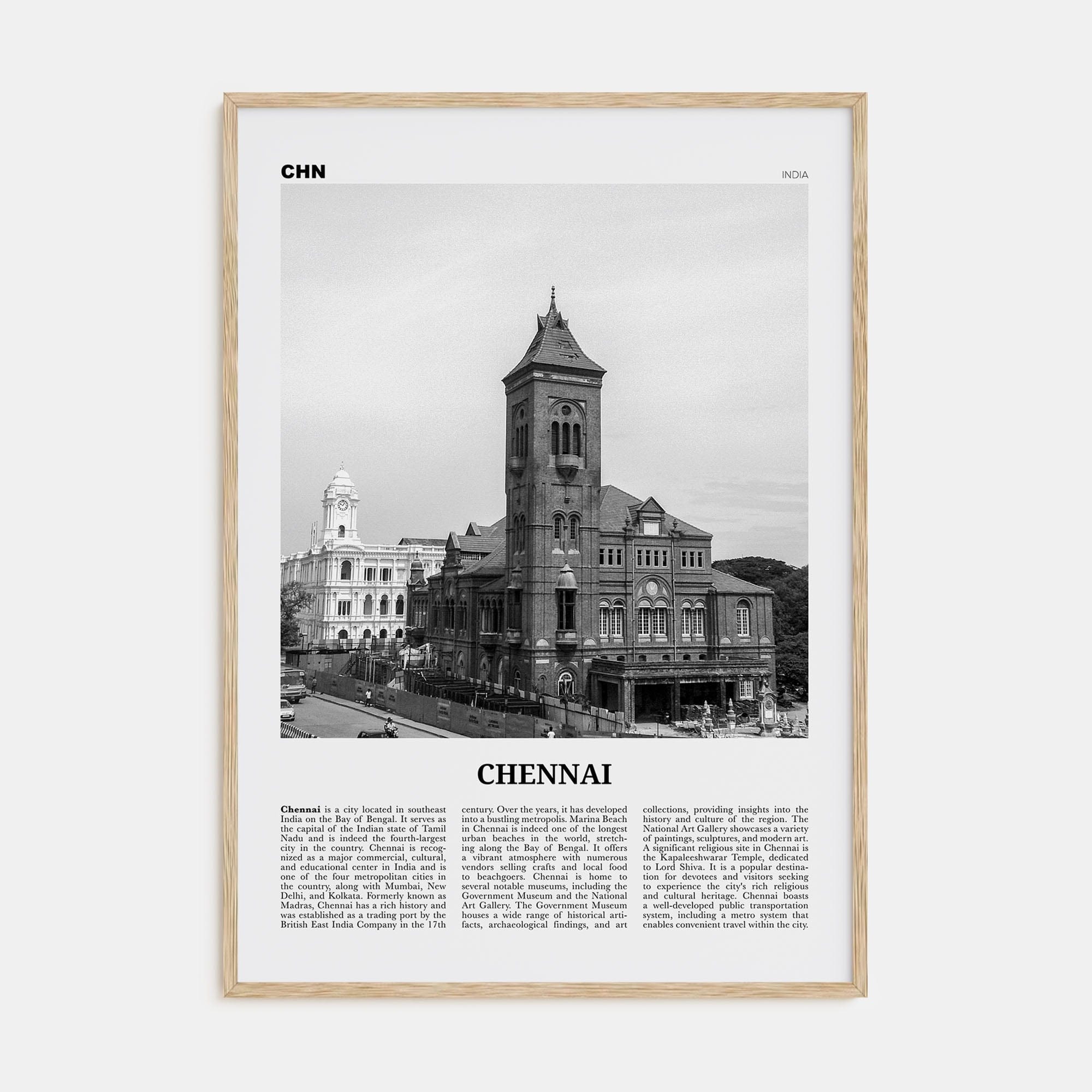 Chennai Poster Natural Wood / 8x12 in Nbourhood Travel B&W Poster