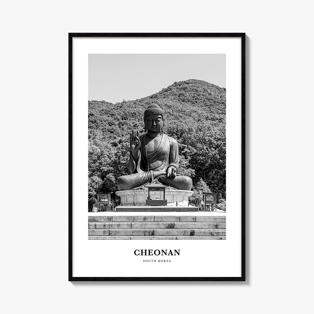 Cheonan black & white classic poster of South Korea – vertical wall art, unframed print shown in interior mockup
