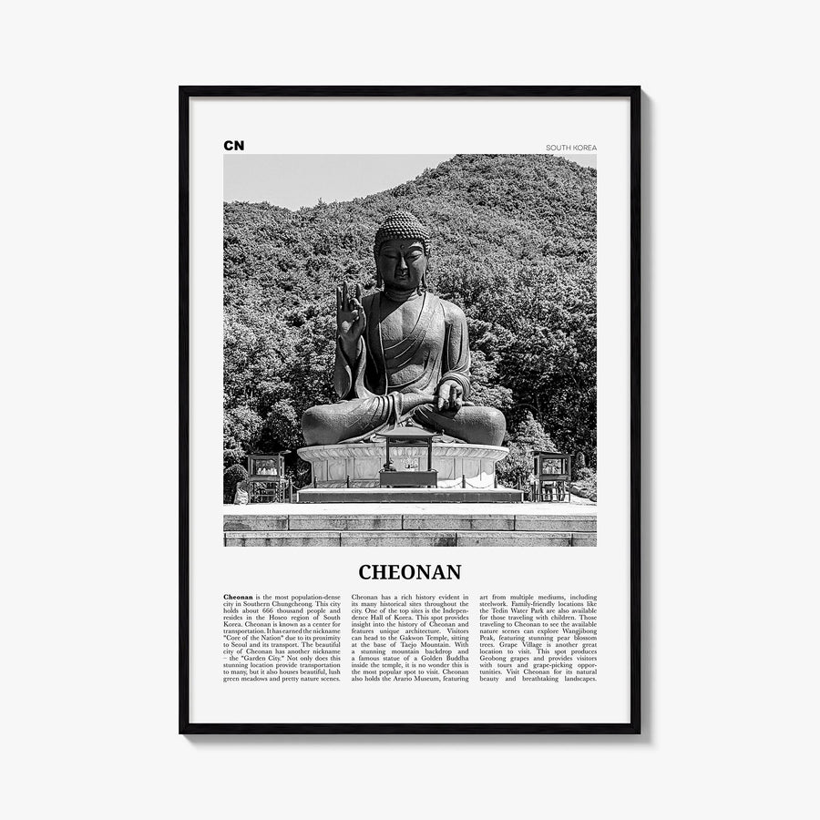 Cheonan black & white newspaper poster of South Korea – vertical wall art, unframed print shown in interior mockup