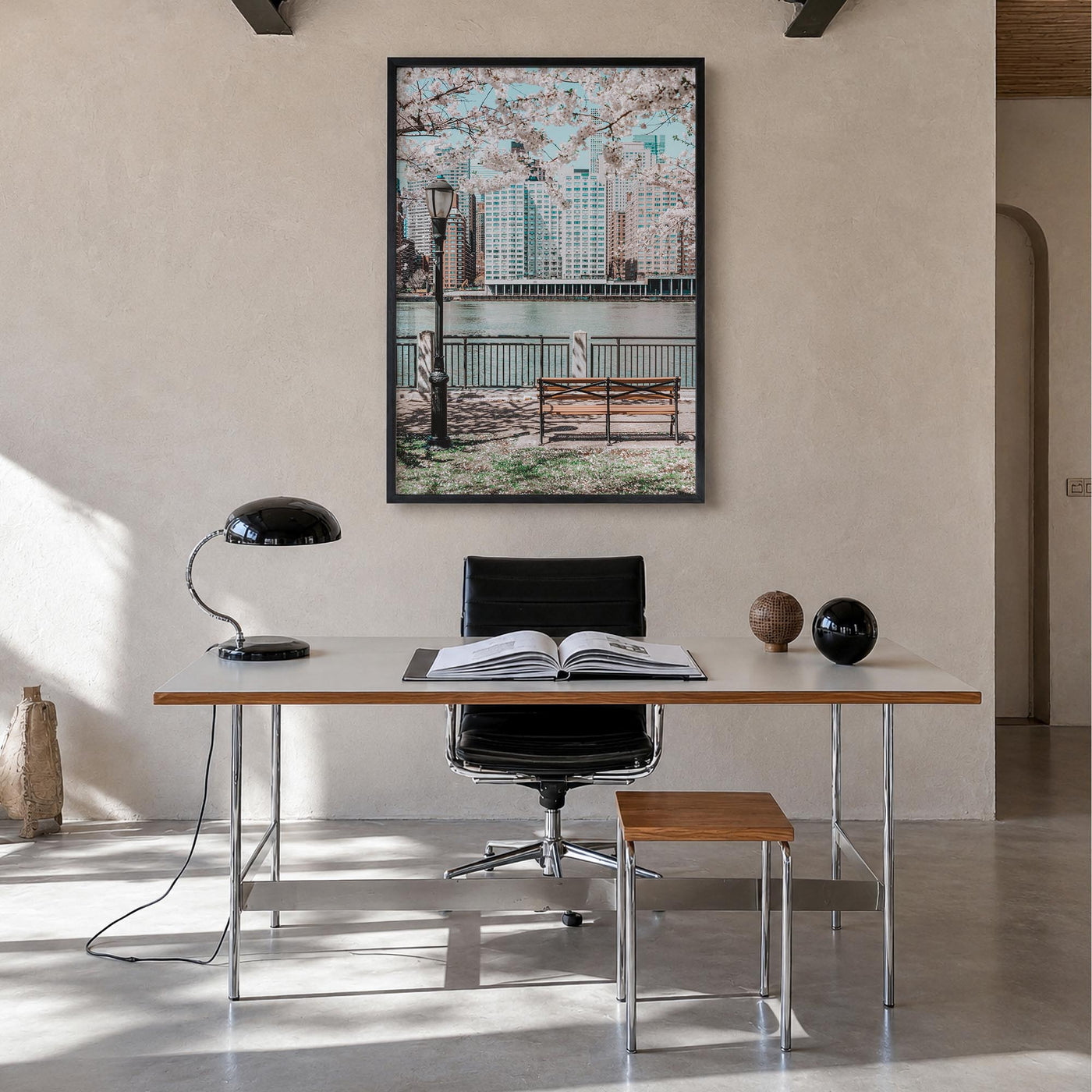 Cherry Blossoms no. 1 colorful photo poster – vertical wall art in black wood frame, hanging on wall