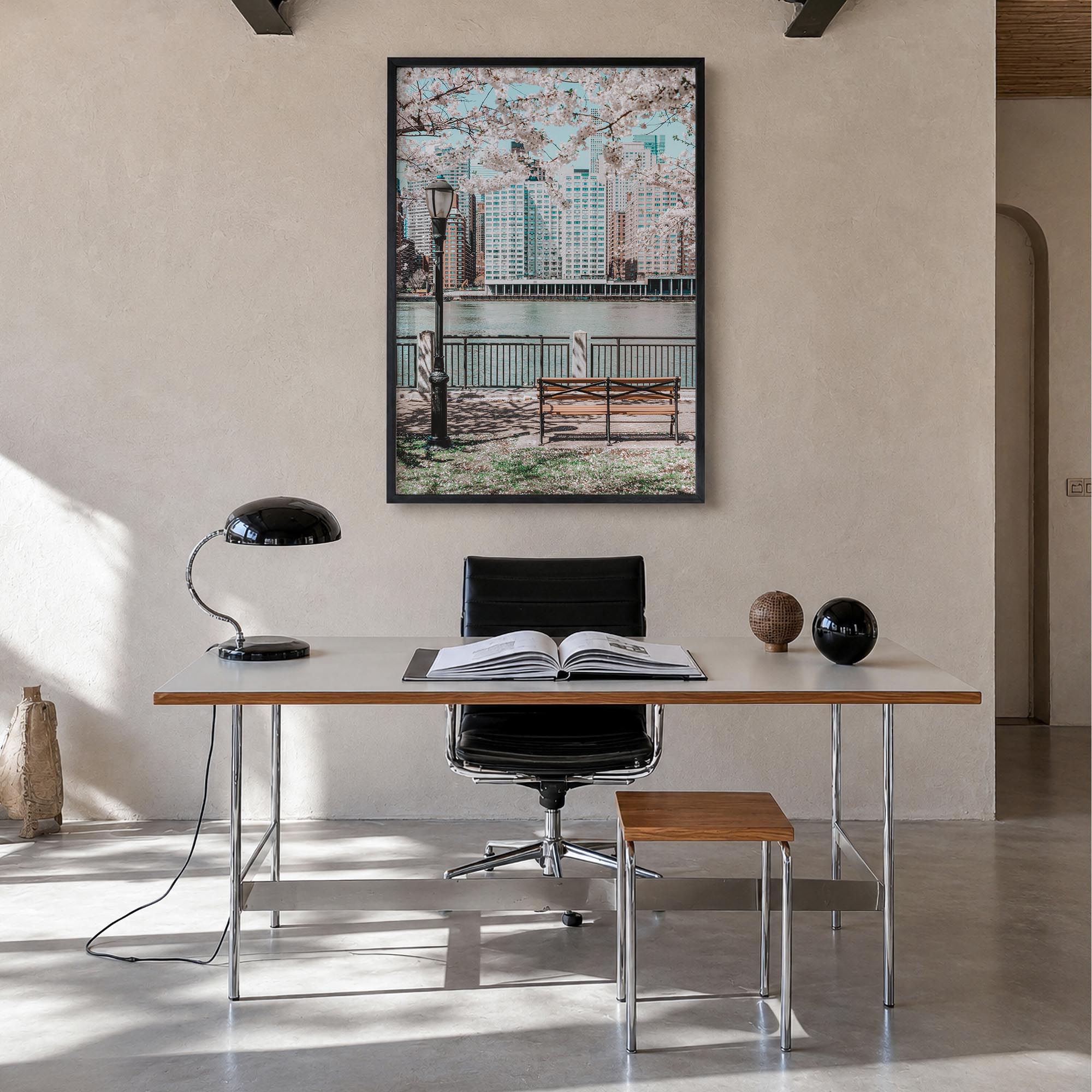 Cherry Blossoms no. 1 colorful photo poster – vertical wall art in black wood frame, hanging on wall