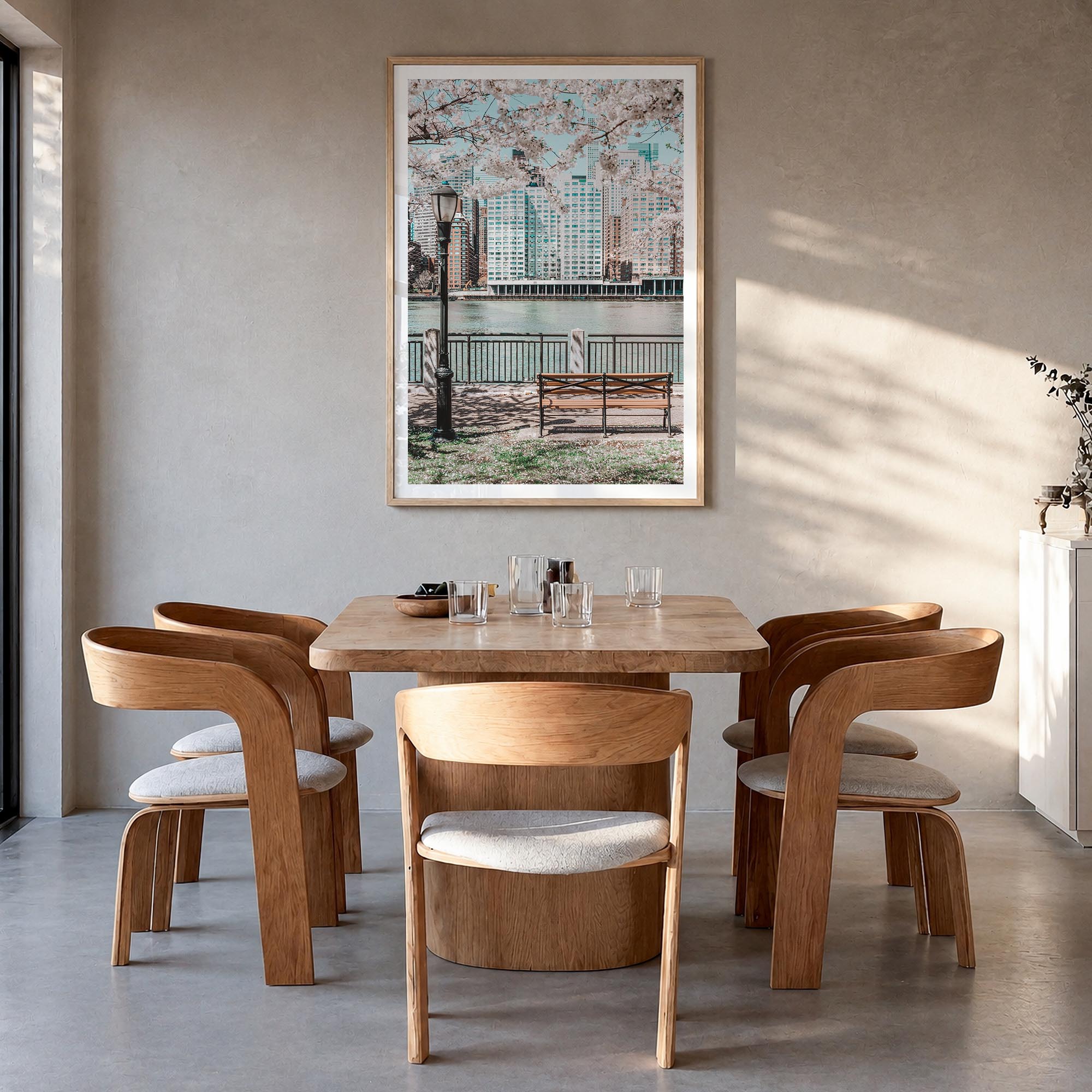 Cherry Blossoms no. 1 colorful photo poster – vertical wall art in natural wood frame with white border, hanging on wall