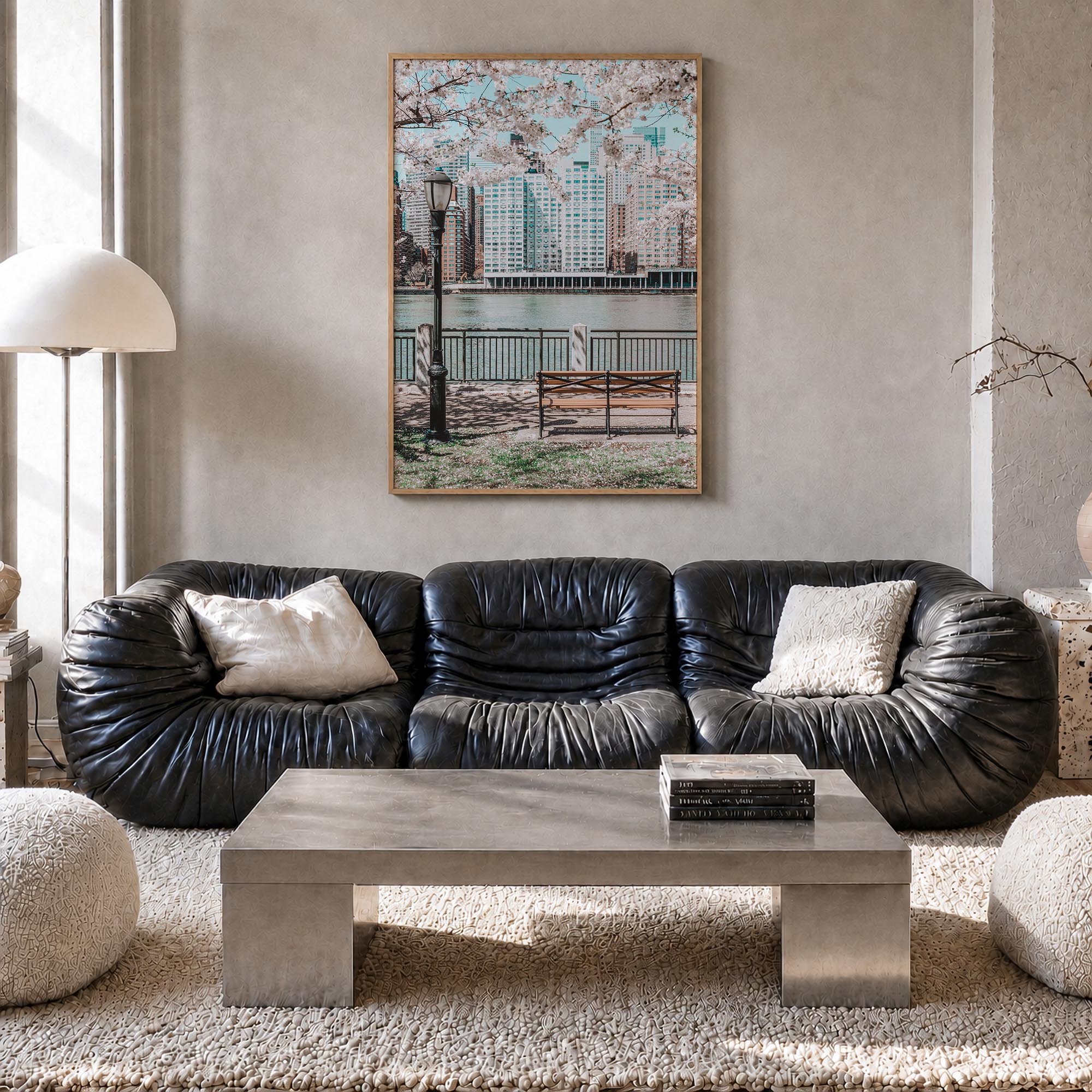 Cherry Blossoms no. 1 colorful photo poster – vertical wall art in natural wood frame, hanging on wall