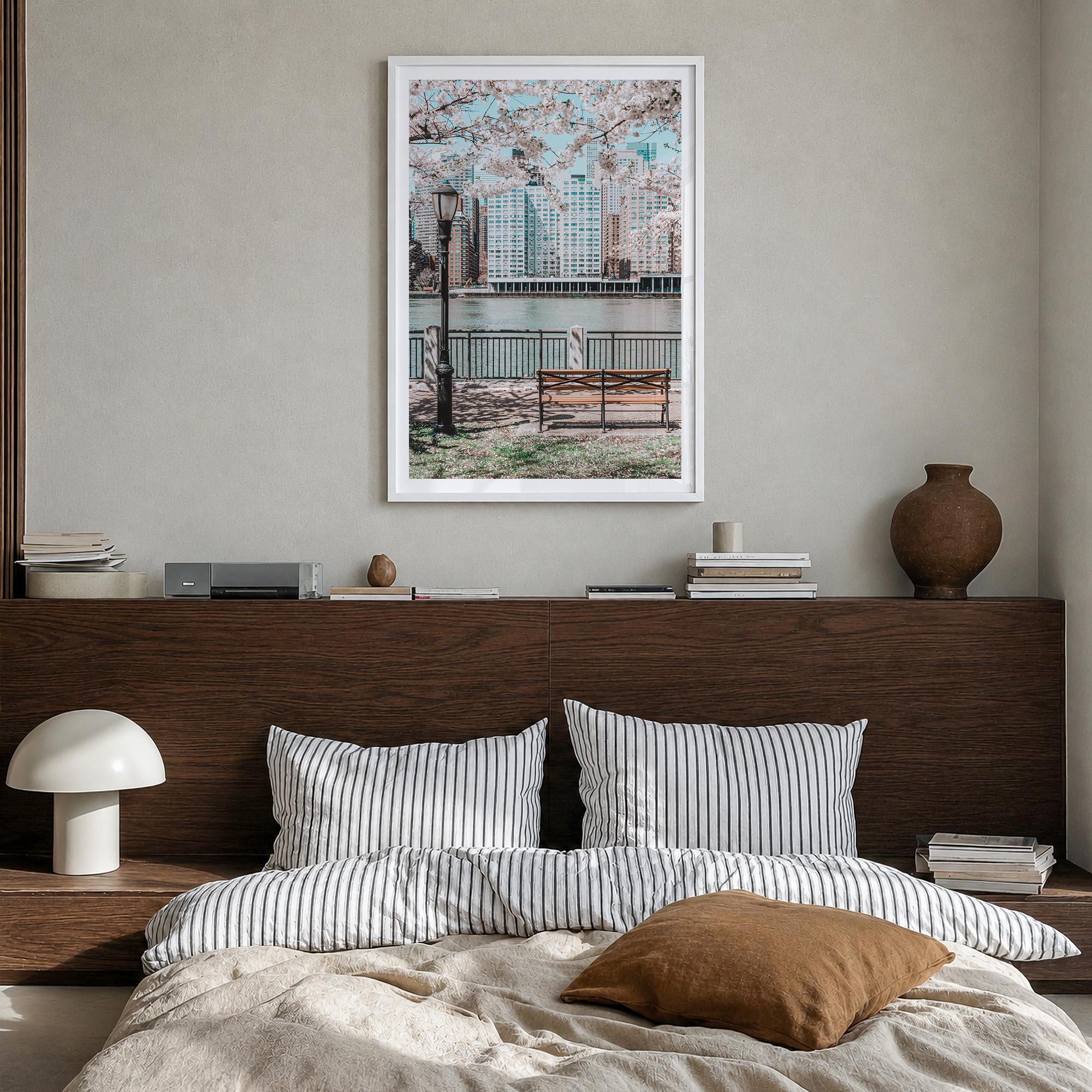 Cherry Blossoms no. 1 colorful photo poster – vertical wall art in white wood frame with white border, hanging on wall
