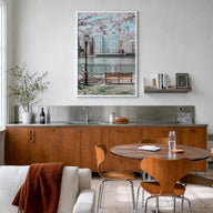 Cherry Blossoms no. 1 colorful photo poster – vertical wall art in white wood frame, hanging on wall
