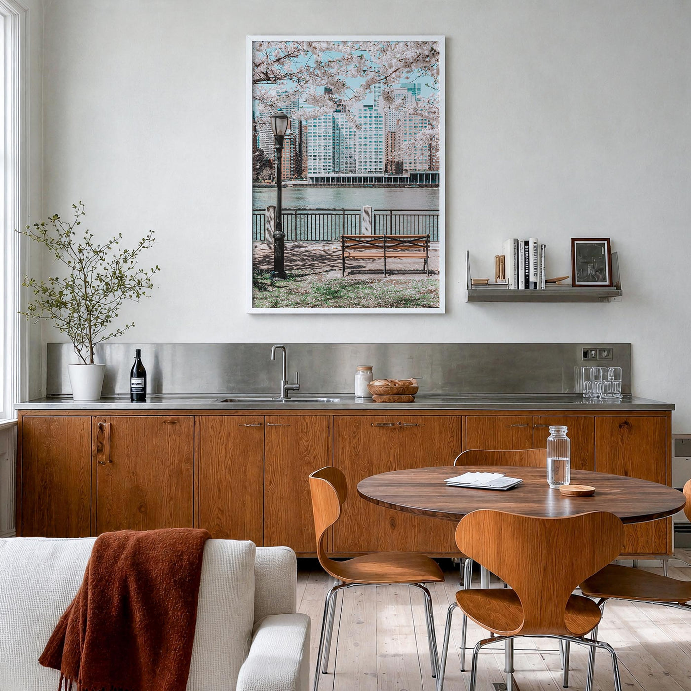 Cherry Blossoms no. 1 colorful photo poster – vertical wall art in white wood frame, hanging on wall
