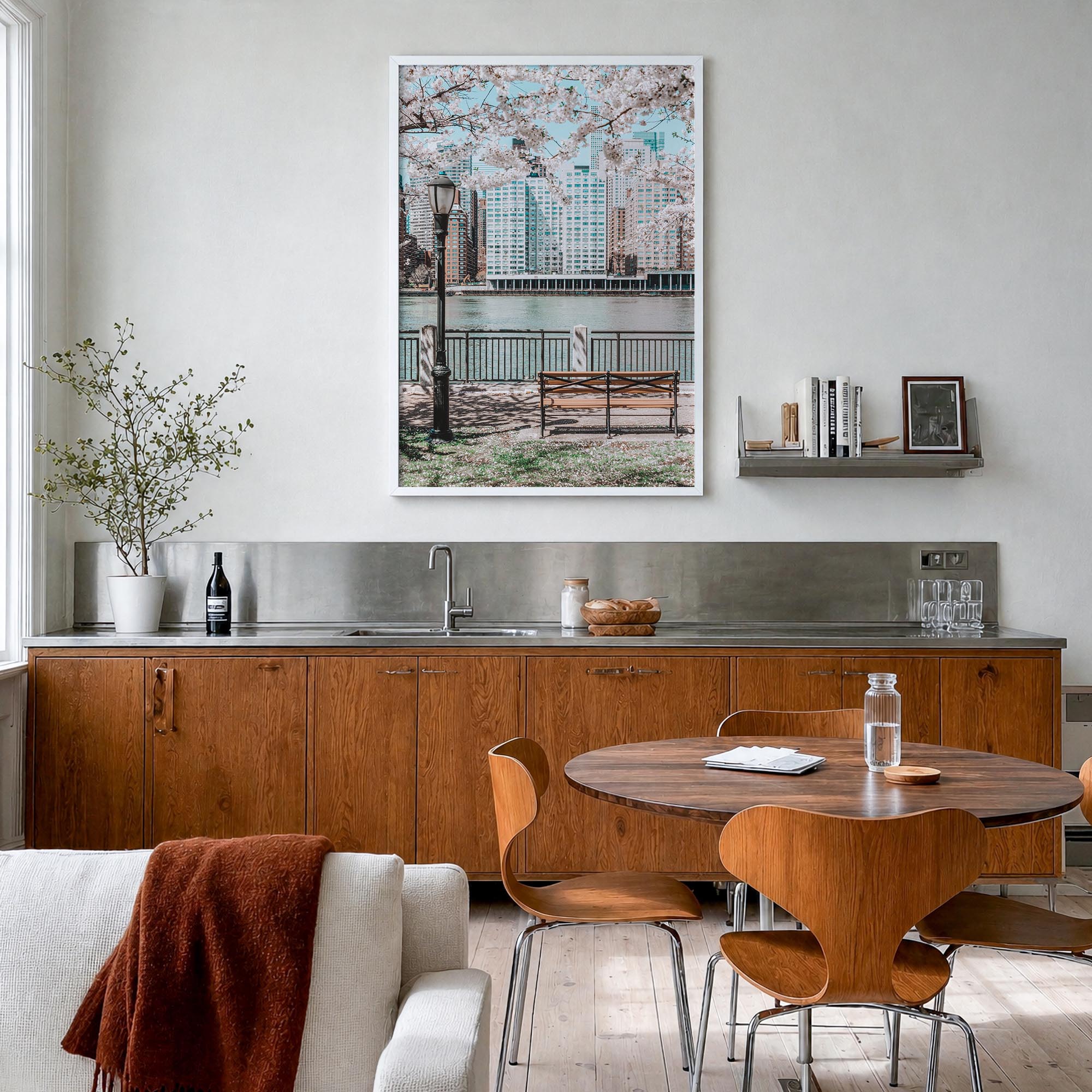 Cherry Blossoms no. 1 colorful photo poster – vertical wall art in white wood frame, hanging on wall