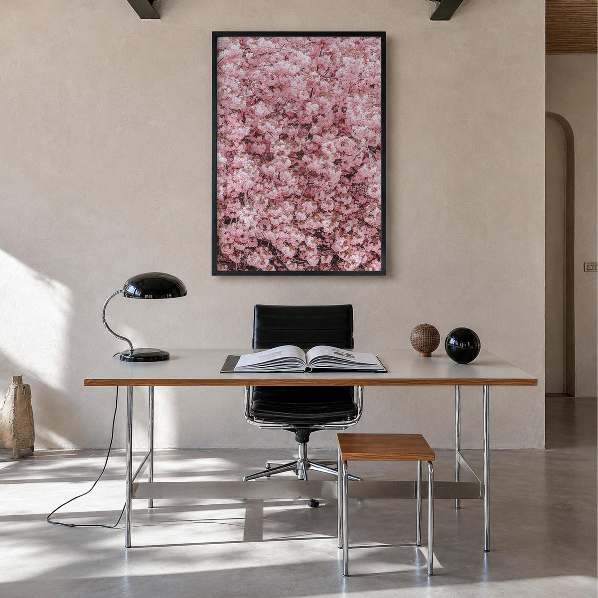 Cherry Blossoms no. 2 colorful photo poster – vertical wall art in black wood frame, hanging on wall