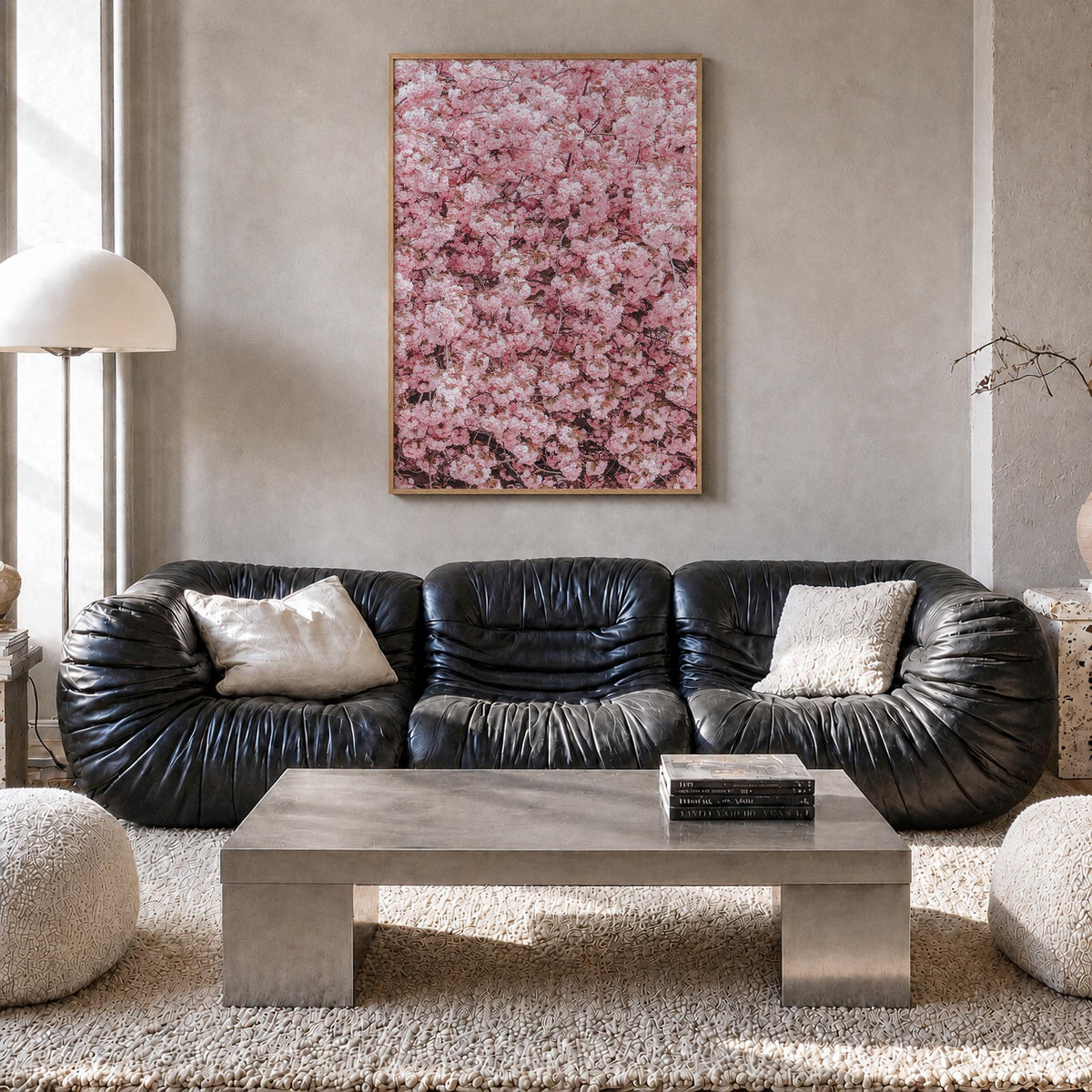 Cherry Blossoms no. 2 colorful photo poster – vertical wall art in natural wood frame, hanging on wall