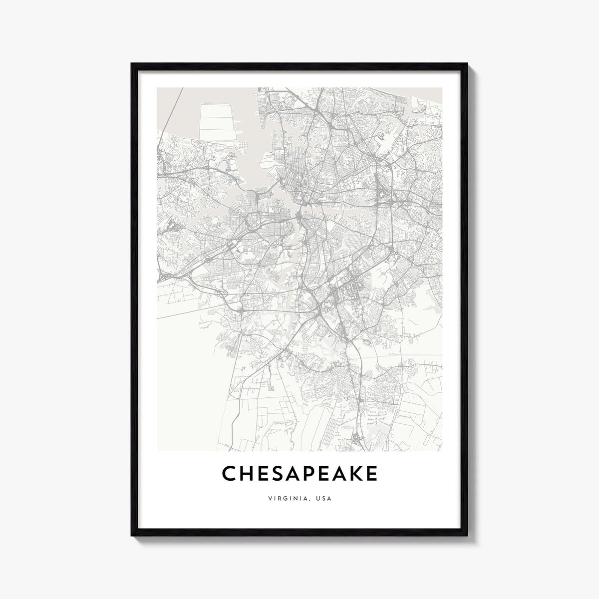 Chesapeake black & white map poster of Virginia, USA – vertical wall art, unframed print shown in interior mockup