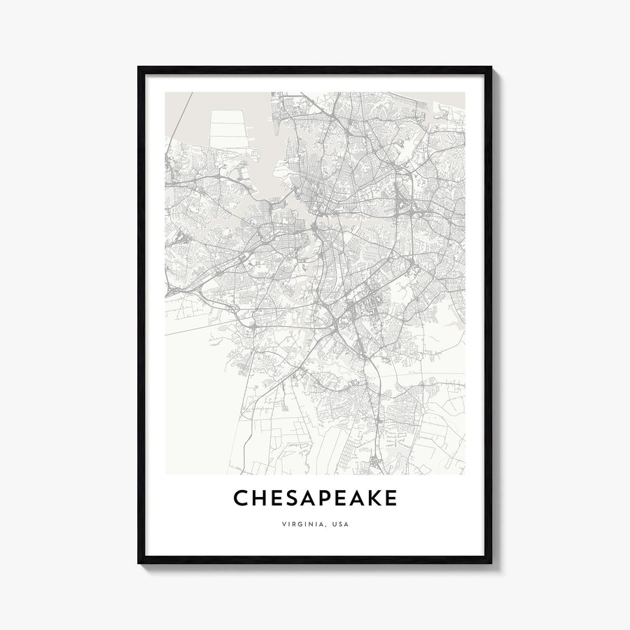 Chesapeake black & white map poster of Virginia, USA – vertical wall art, unframed print shown in interior mockup