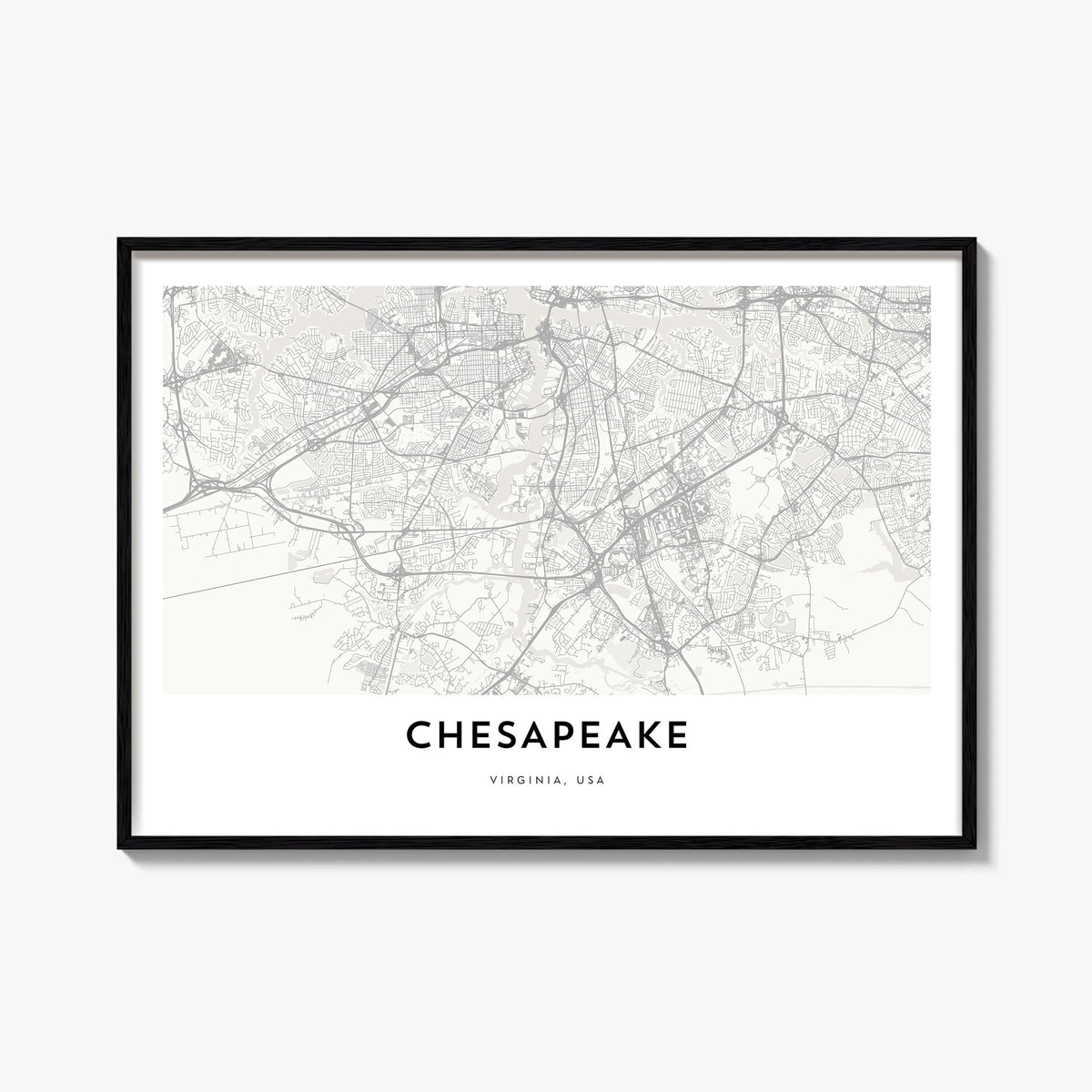 Chesapeake black & white map poster of Virginia, USA – horizontal wall art, unframed print shown in interior mockup