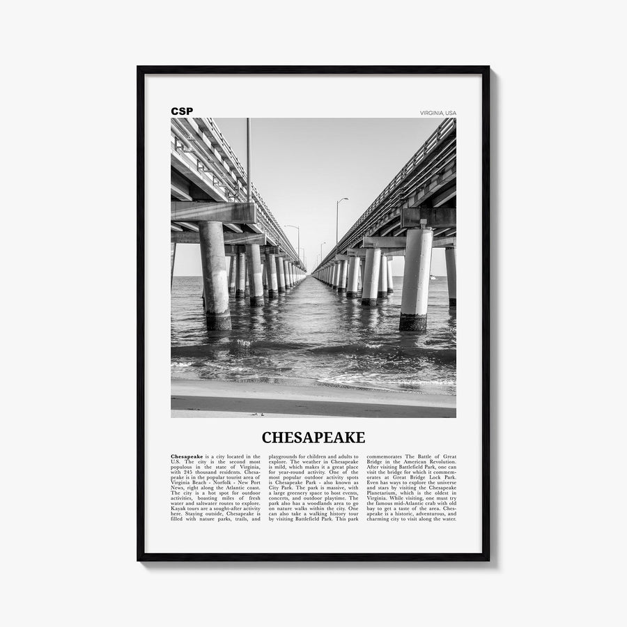 Chesapeake black & white newspaper poster of Virginia, USA – vertical wall art, unframed print shown in interior mockup