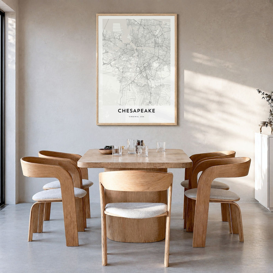 Chesapeake Map Poster in a natural wood frame, hanging in a dining room