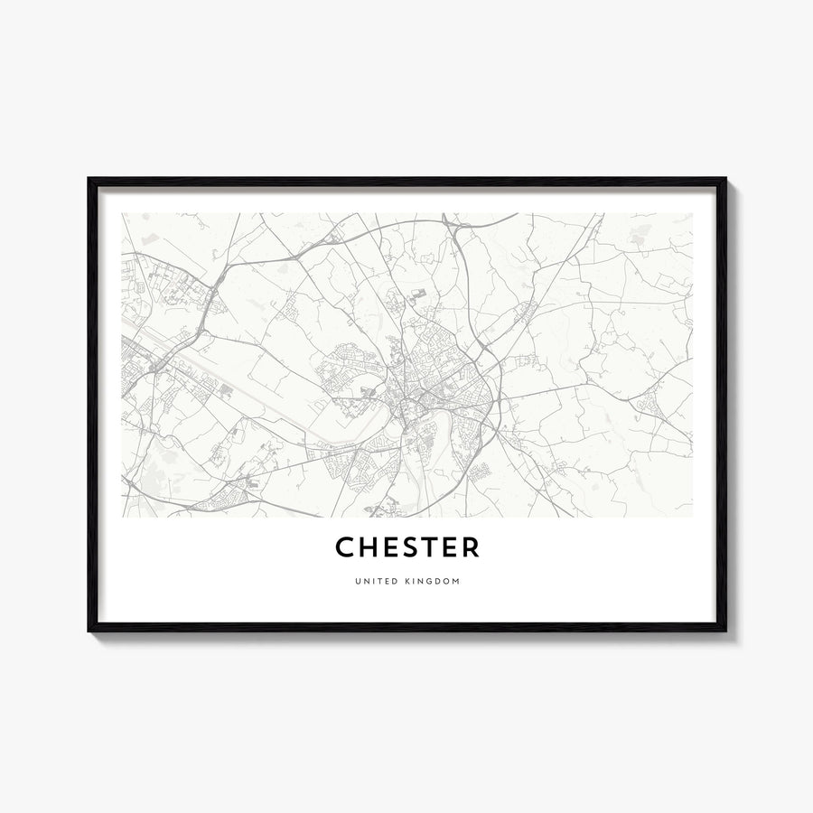Chester black & white map poster of England, UK – horizontal wall art, unframed print shown in interior mockup