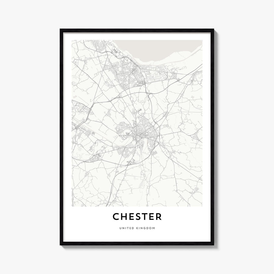 Chester black & white map poster of England, UK – vertical wall art, unframed print shown in interior mockup