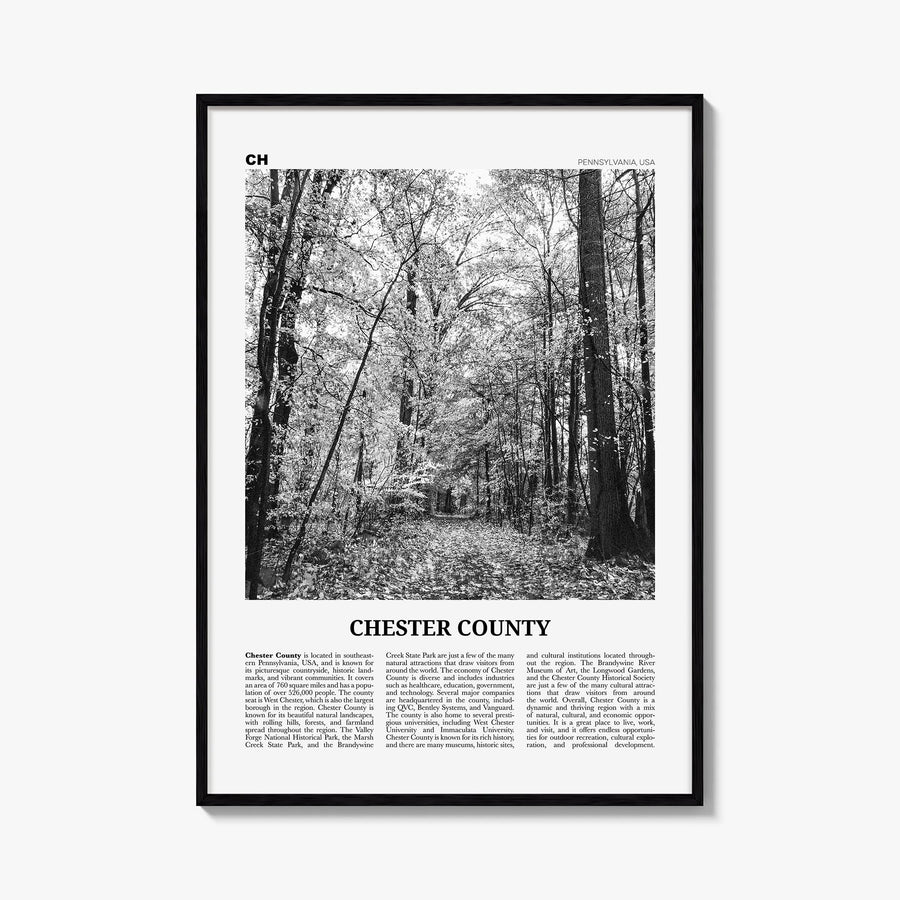 Chester County black & white newspaper poster of Pennsylvania, USA – vertical wall art, unframed print shown in interior mock