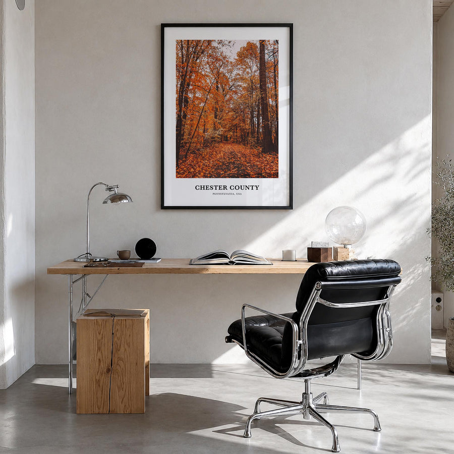 Chester County colorful classic poster of Pennsylvania, USA – vertical wall art in black wood frame, hanging on wall