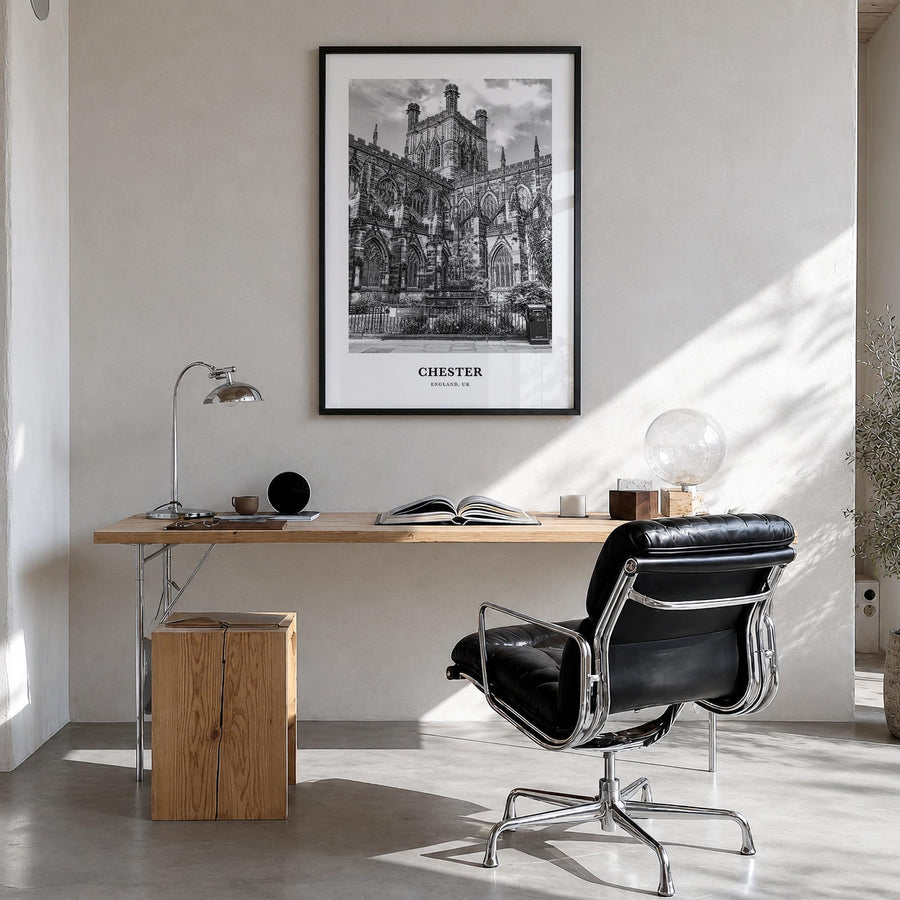 Chester no. 2 black & white classic poster of England, UK – vertical wall art in black wood frame, hanging on wall