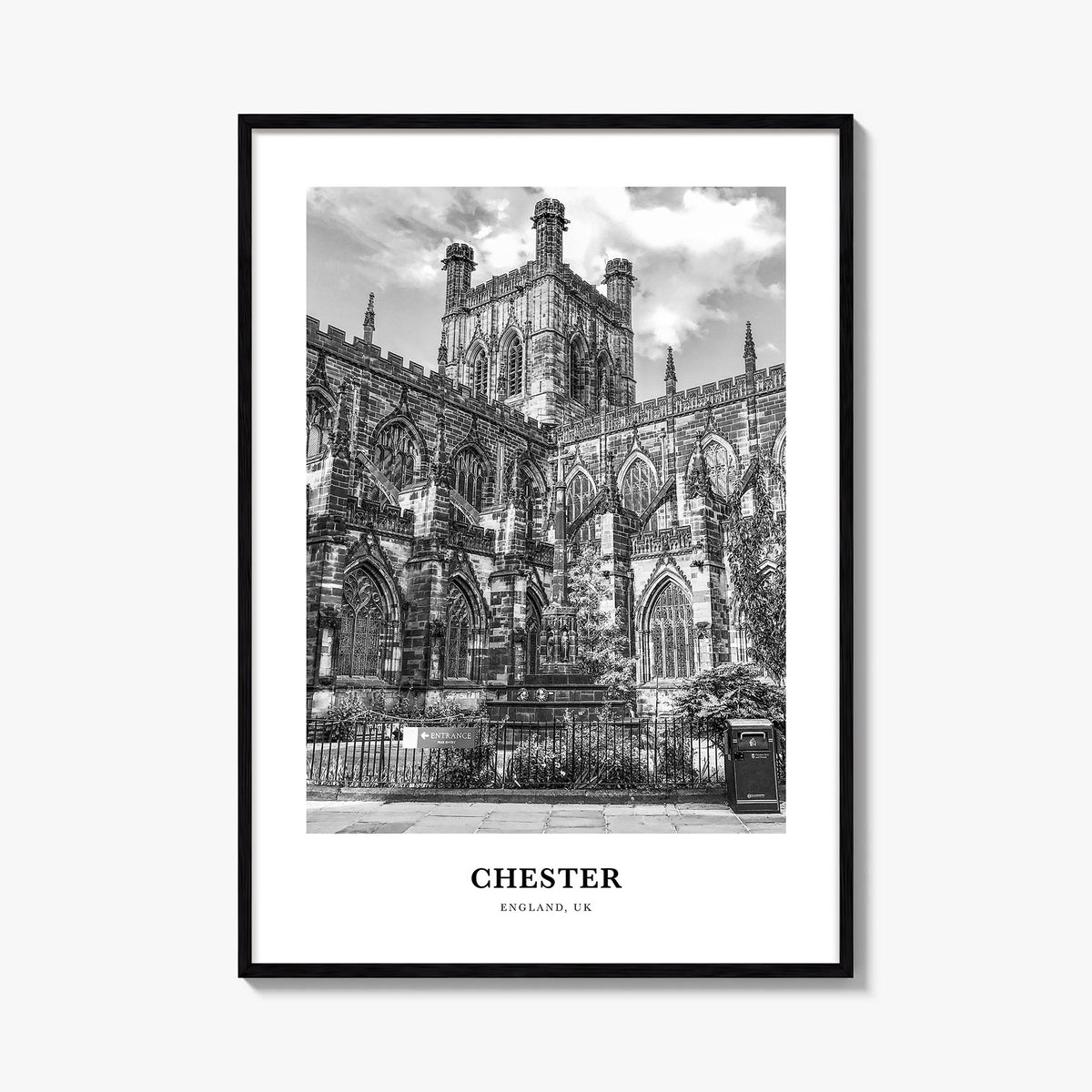 Chester no. 2 black & white classic poster of England, UK – vertical wall art, unframed print shown in interior mockup