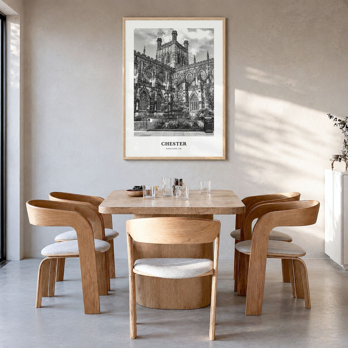 Chester Classic No 2 Poster in a natural wood frame, hanging in a dining room