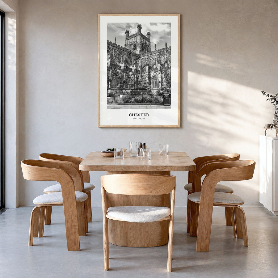 Chester Classic No 2 Poster in a natural wood frame, hanging in a dining room