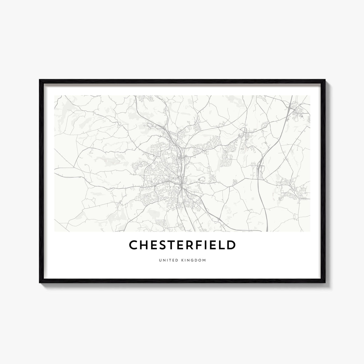 Chesterfield black & white map poster of United Kingdom – horizontal wall art, unframed print shown in interior mockup