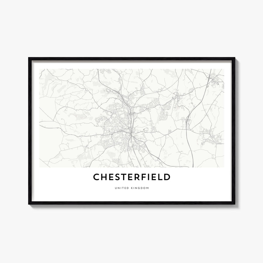 Chesterfield black & white map poster of United Kingdom – horizontal wall art, unframed print shown in interior mockup