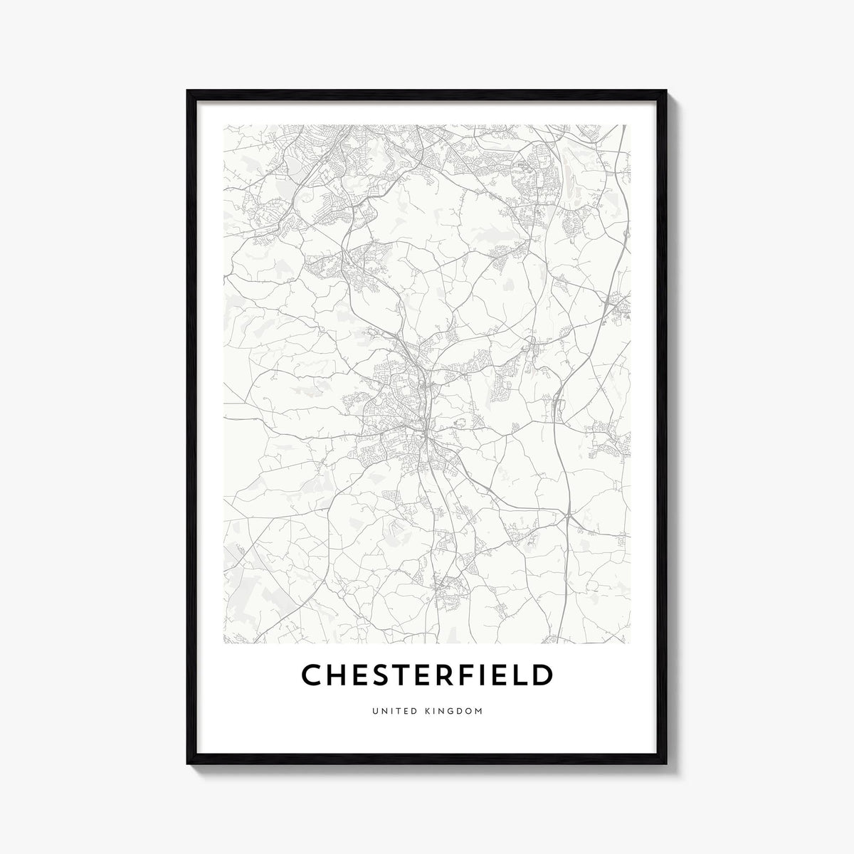 Chesterfield black & white map poster of United Kingdom – vertical wall art, unframed print shown in interior mockup