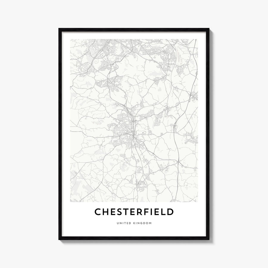 Chesterfield black & white map poster of United Kingdom – vertical wall art, unframed print shown in interior mockup