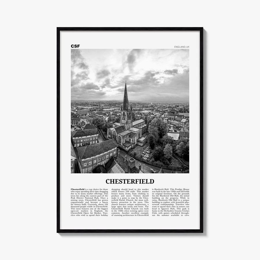Chesterfield black & white newspaper poster of United Kingdom – vertical wall art, unframed print shown in interior mockup