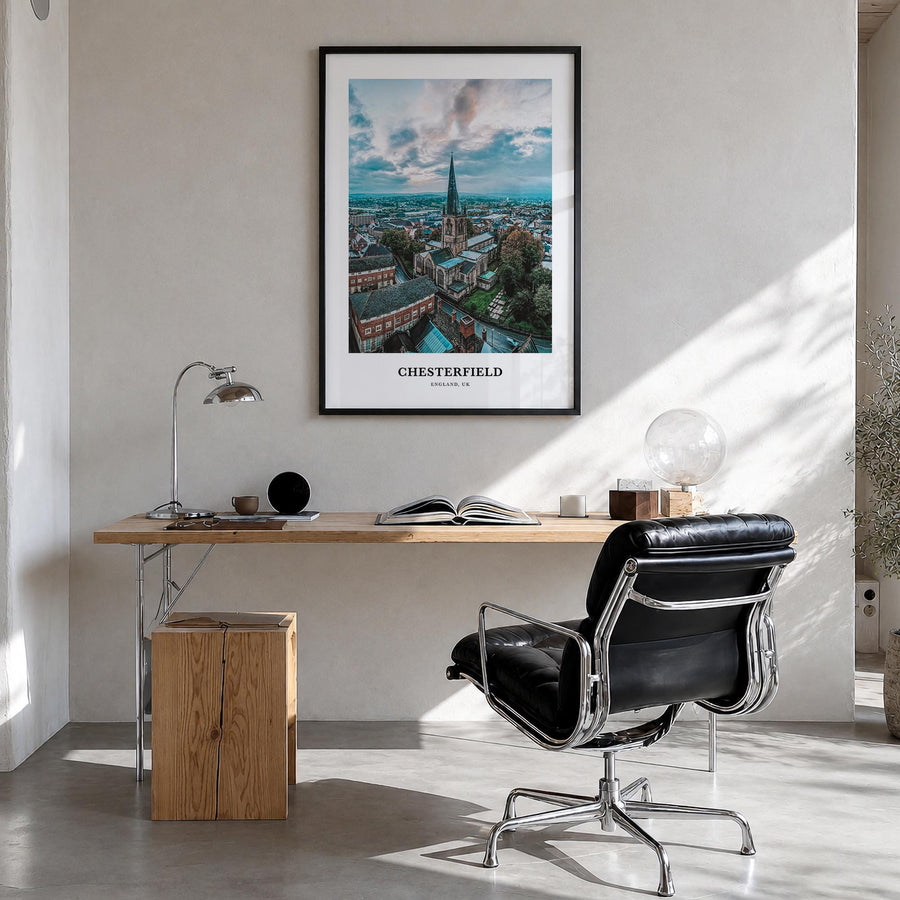 Chesterfield colorful classic poster of United Kingdom – vertical wall art in black wood frame, hanging on wall