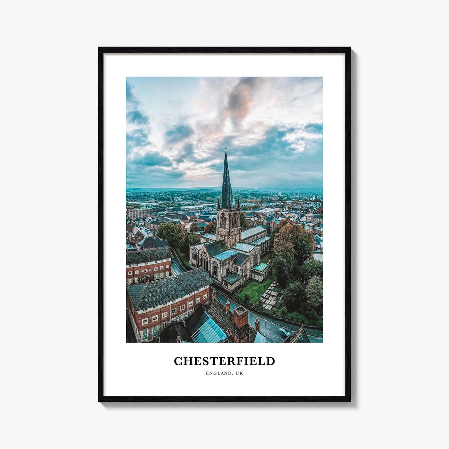 Chesterfield colorful classic poster of United Kingdom – vertical wall art, unframed print shown in interior mockup