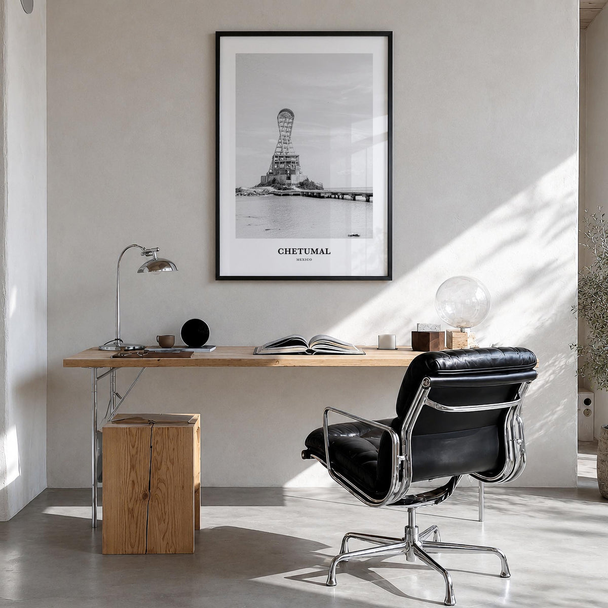Chetumal black & white classic poster of Mexico – vertical wall art in black wood frame, hanging on wall
