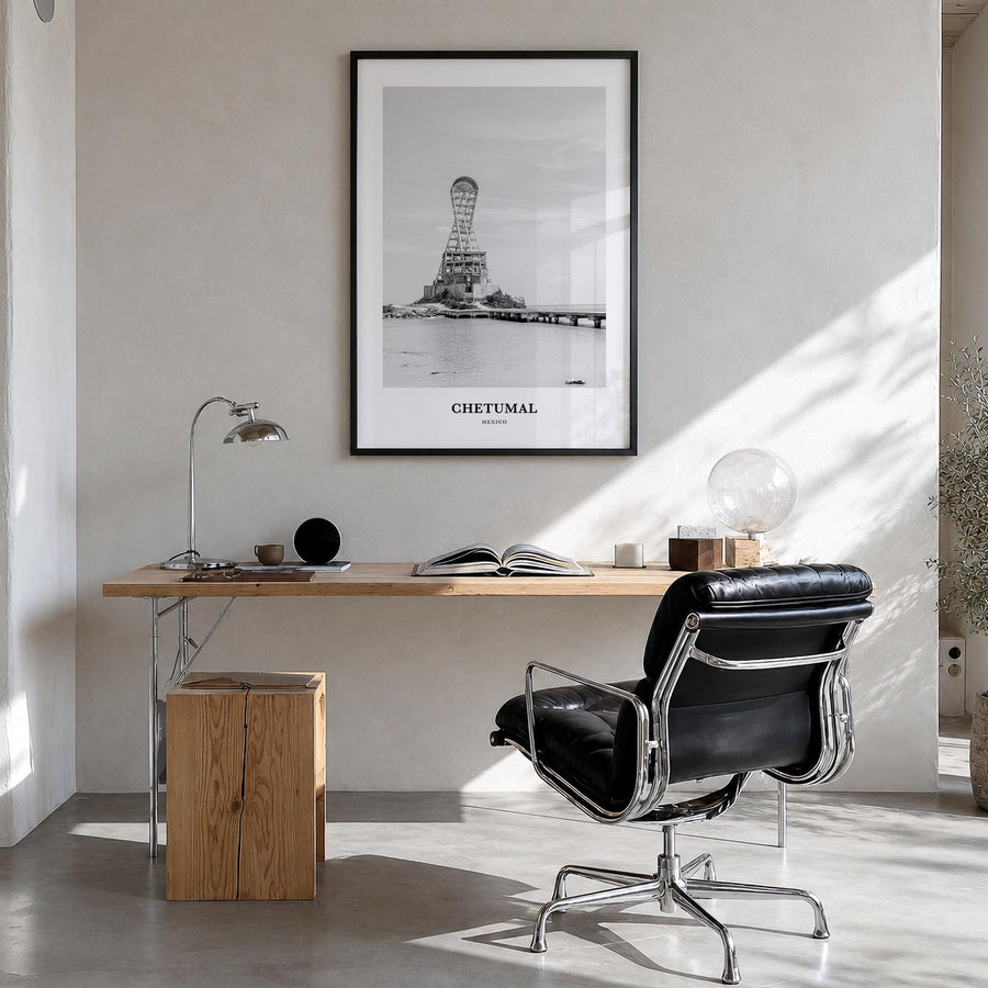 Chetumal black & white classic poster of Mexico – vertical wall art in black wood frame, hanging on wall