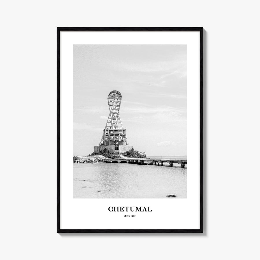 Chetumal black & white classic poster of Mexico – vertical wall art, unframed print shown in interior mockup