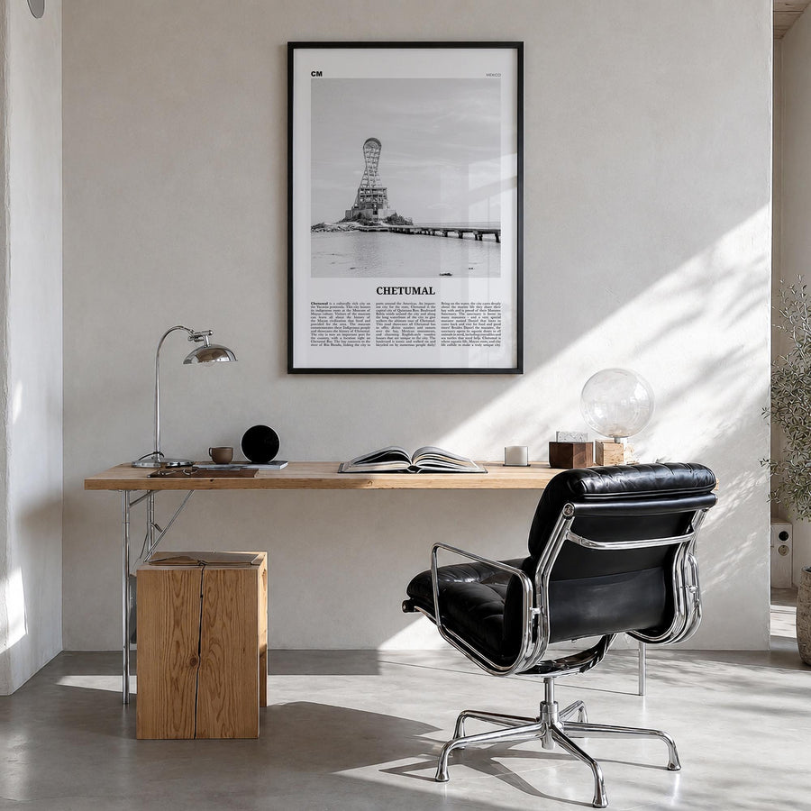 Chetumal black & white newspaper poster of Mexico – vertical wall art in black wood frame, hanging on wall