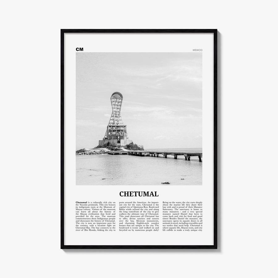 Chetumal black & white newspaper poster of Mexico – vertical wall art, unframed print shown in interior mockup