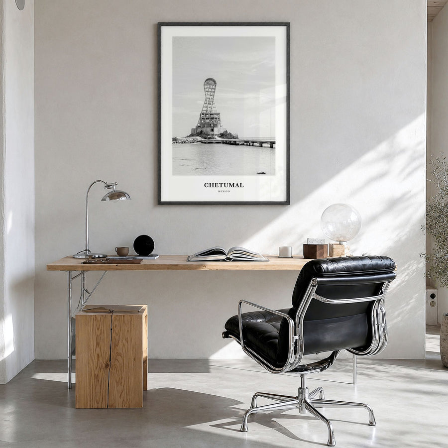 Chetumal Classic Poster in a black wood frame, hanging in a bright home office