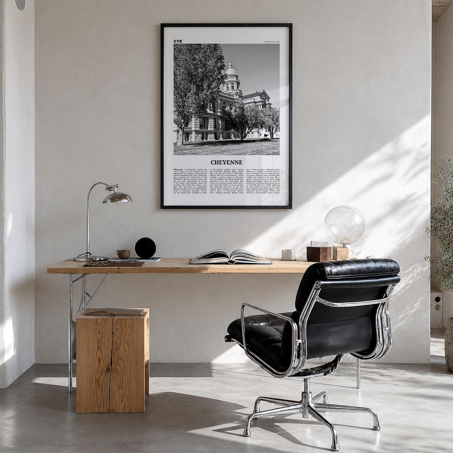 Cheyenne black & white newspaper poster of Wyoming, USA – vertical wall art in black wood frame, hanging on wall