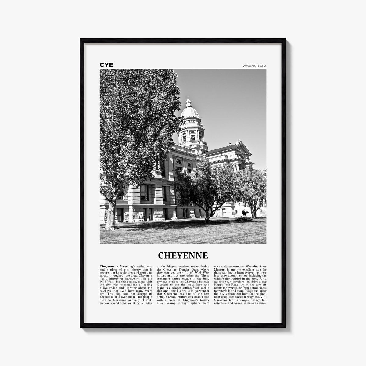Cheyenne black & white newspaper poster of Wyoming, USA – vertical wall art, unframed print shown in interior mockup