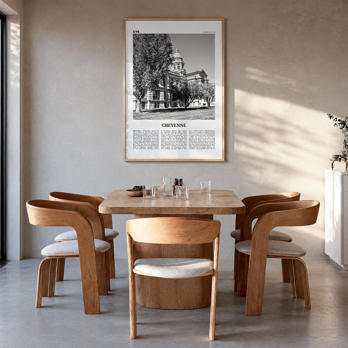 Cheyenne black & white newspaper poster of Wyoming, USA – vertical wall art in natural wood frame, hanging on wall