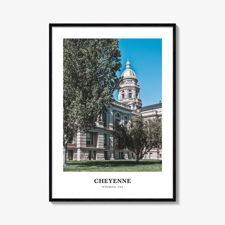 Cheyenne colorful classic poster of Wyoming, USA – vertical wall art, unframed print shown in interior mockup