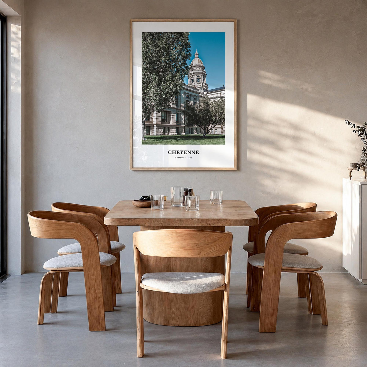 Cheyenne colorful classic poster of Wyoming, USA – vertical wall art in natural wood frame, hanging on wall