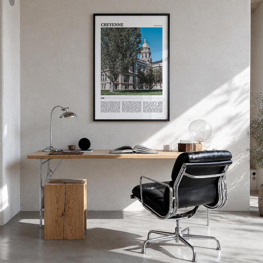 Cheyenne colorful travel poster of Wyoming, USA – vertical wall art in black wood frame, hanging on wall