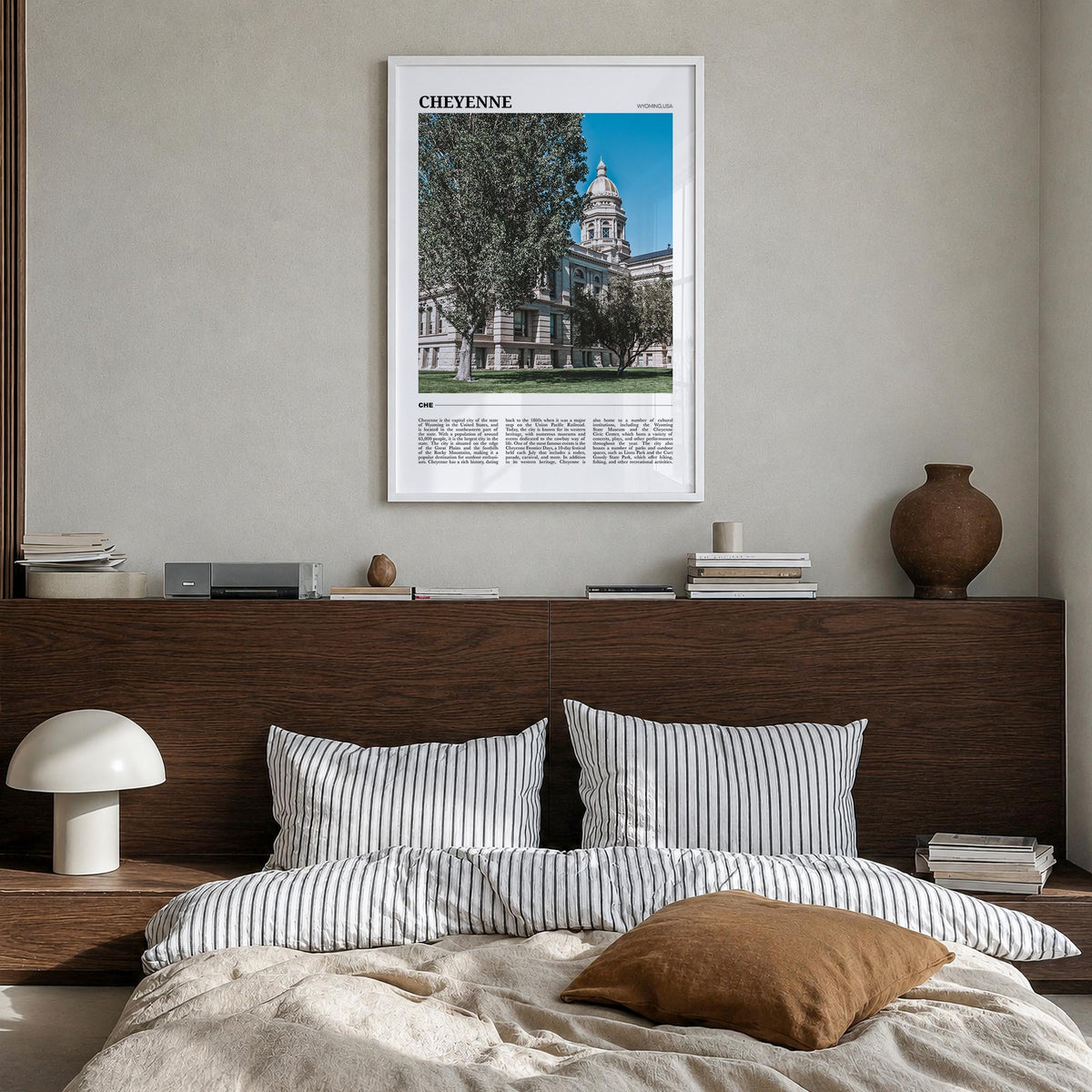 Cheyenne colorful travel poster of Wyoming, USA – vertical wall art in white wood frame, hanging on wall